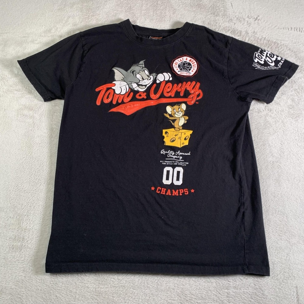 Vintage Tom & Jerry Shirt Mens XL Black Cartoon Champs Cheese Graphic TV